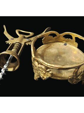 Vintage Brass Corkscrew & Bottle Coaster Set With Ornate Detailing SO2 M